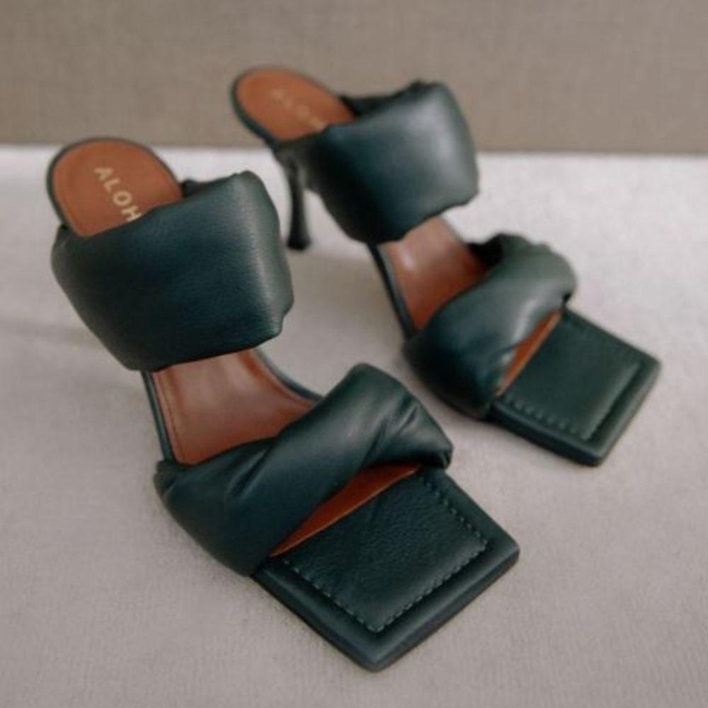 ALOHAS Dark Green Puffy Strap Heeled Sandals